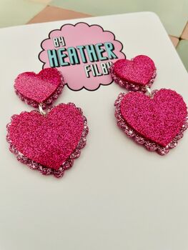 Twice The Love Pink Double Heart Glitter Resin Earrings, 5 of 6