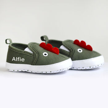 Personalised Dinosaur Baby Shoes Khaki, 4 of 8