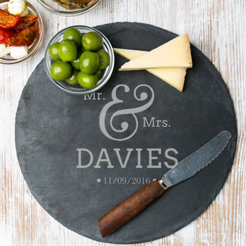 Personalised Mr And Mrs Wedding Date Round Bread Board, 3 of 5