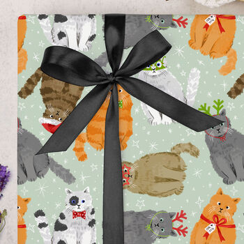Three Sheets Of Green Christmas Cats Wrapping Paper, 2 of 2