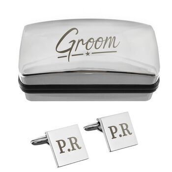 Groom Engraved Wedding Cufflinks And Box Set, 3 of 3