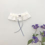 Lace Wedding Garter With Something Blue Bow And Crystal, thumbnail 4 of 12