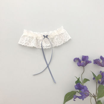 Lace Wedding Garter With Something Blue Bow And Crystal, 4 of 12