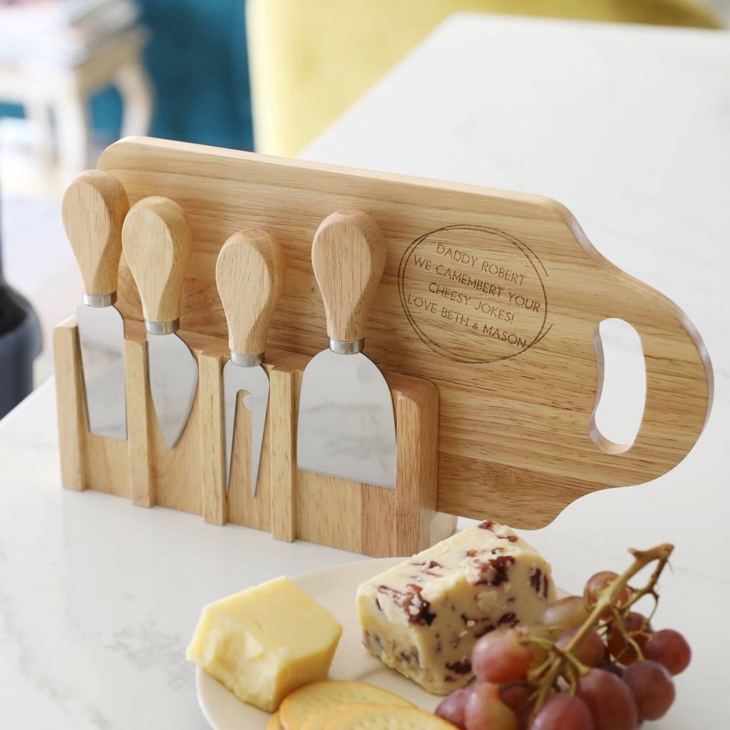 Personalised Wooden Cheese Board And Knives Set By Lisa Angel