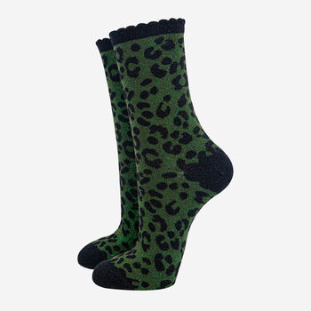Women's Khaki Green Leopard Print Glitter Socks, 2 of 4
