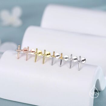 Tiny Dagger Sword Internally Threaded Flat Back Earrings In Sterling Silver, 6 of 12