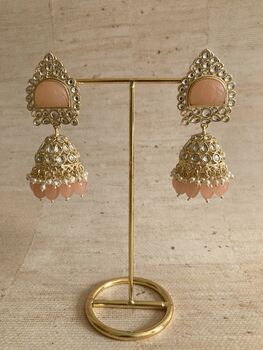 Peach Gold Kundan Jhumki Indian Earrings, 3 of 6