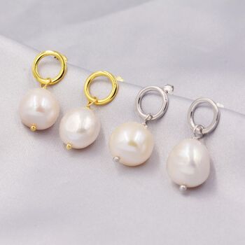 Sterling Silver Circle With Dangling Baroque Pearl Drop Stud Earrings, 4 of 12