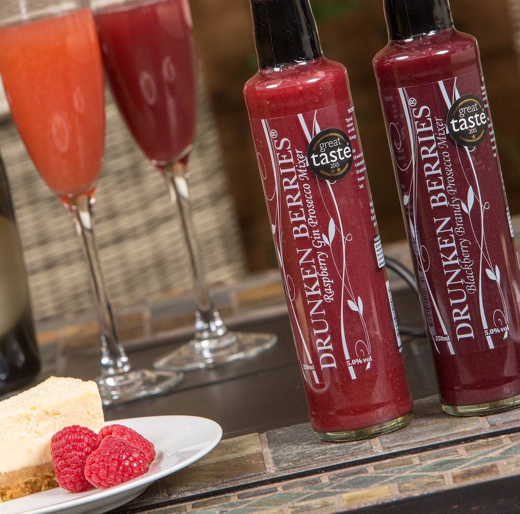 raspberry gin and blackberry brandy prosecco mixers by drunken berries