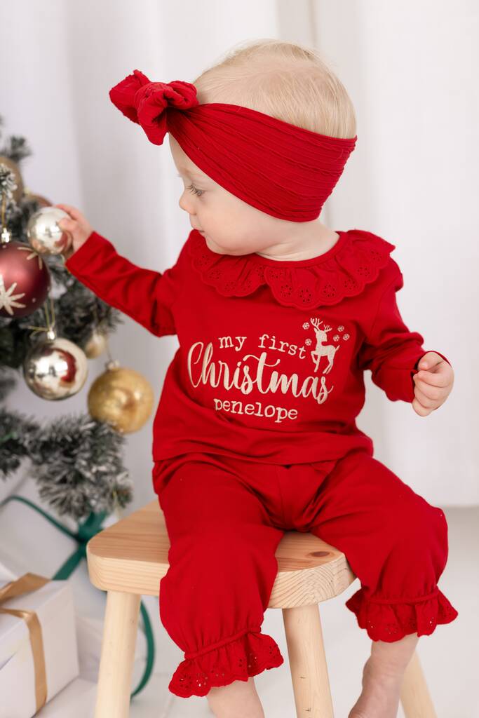 My First Christmas Frill Collar Personalised Embroidered Reindeer Pyjamas, 1 of 5