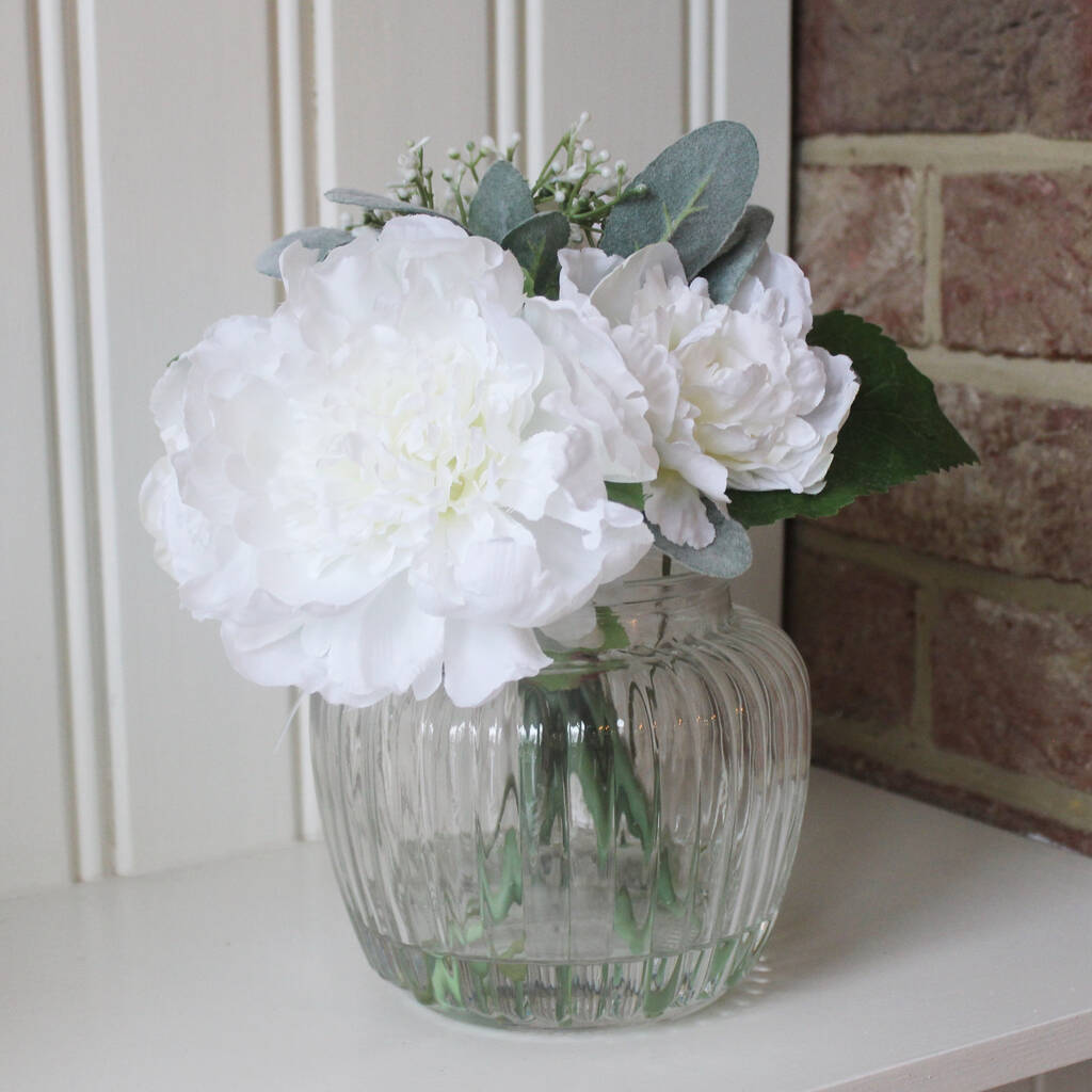 Artificial White Peony Arrangement In Ribbed Glass Vase By Lime Tree