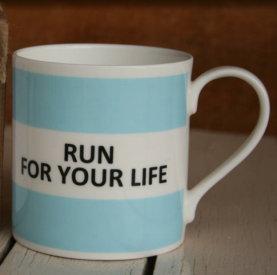 'Run For Your Life' Coasters And Fine Bone China Mugs By The Pot Bank