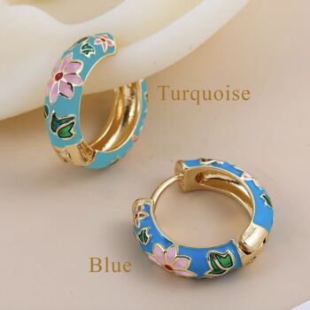 Blue Painted Cloisonné Flower Hoop Earrings, 3 of 4