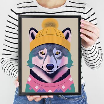 Cosy Winter Wolf Portrait Illustration Art Print, 2 of 3