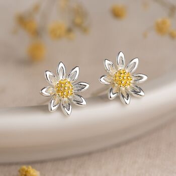 Sterling Silver And Yellow Gold Daisy Flower Stud Earrings, 3 of 11