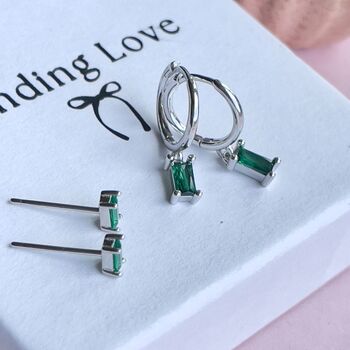 Emerald Baguette Hoop And Stud Earring Set Gold Or Silver Gift For Her, 11 of 12