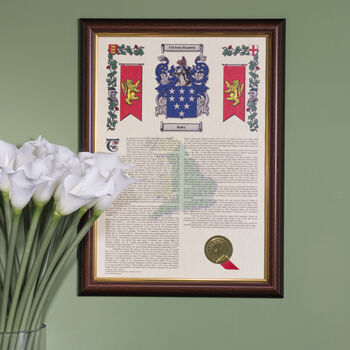 Framed Surname History Scroll With Coat Of Arms, 2 of 12