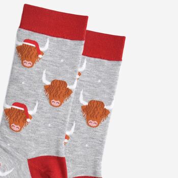 Men's Bamboo Socks Highland Cow Christmas Santa Hat, 3 of 5