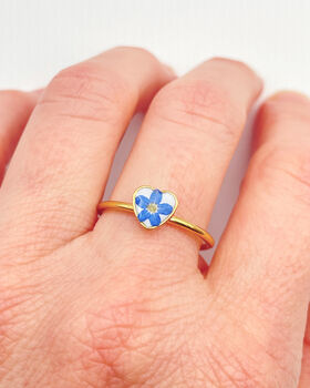 Mini Heart Ring With Real Forget Me Not Flower In Gold Or Silver Waterproof, 5 of 10