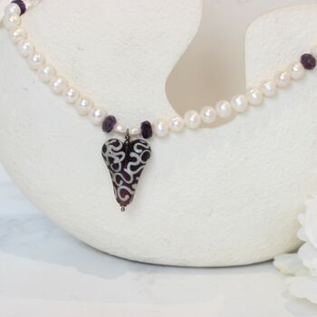 White Pearl Necklace With Amethyst Swirl Glass Heart, 3 of 6