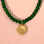 Dark Jade Green Beaded Necklace With Heart Coin, thumbnail 1 of 5