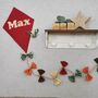 Kite Wall Hanging, Woodland Theme Bedroom, Whimsical Autumnal Nursery Decor, Red Brown Orange Green Yellow Door Name Sign, Child's Playroom, thumbnail 1 of 12