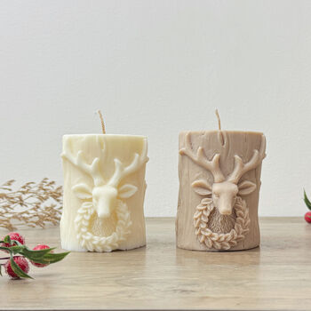 Beige Stag Christmas Pillar Candle Christmas Reindeer Decor, 2 of 10