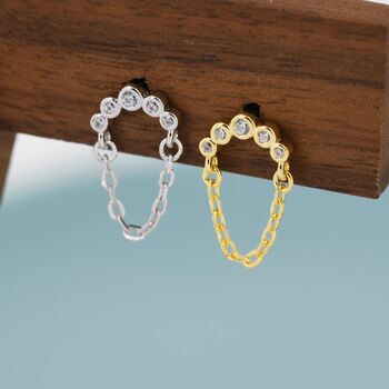 Cz Curved Bar Chained Stud Earrings In Sterling Silver, 4 of 12