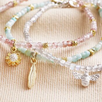 Amazonite Feather Charm Beaded Bracelet In Gold Plating, 4 of 5