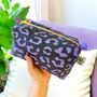 Handprinted Boxy Pouch Lilac And Dark Grey Leopard, thumbnail 2 of 5