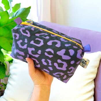 Handprinted Boxy Pouch Lilac And Dark Grey Leopard, 2 of 5