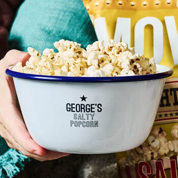 Personalised Enamel Popcorn Bowl And Giant Sweet Or Salted Popcorn Gift Set For Him, 2 of 6