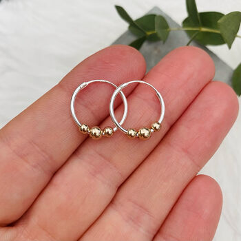 Sterling Silver Hoops With Three 9ct Solid Gold Beads, 2 of 5
