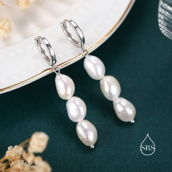 Sterling Silver Genuine Baroque Pearl Trio Huggie Hoop Earrings, 4 of 12