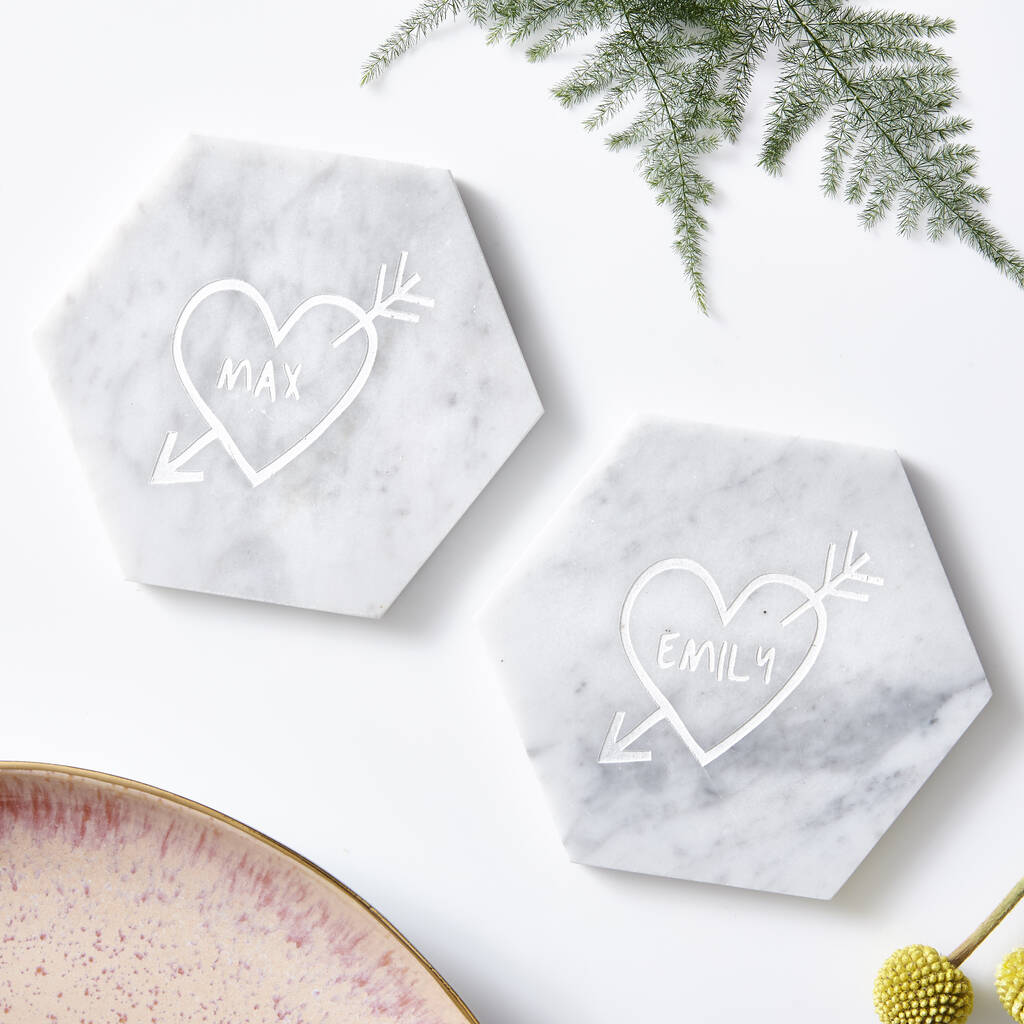 Couples Carved Heart Personalised Marble Coasters, 1 of 3