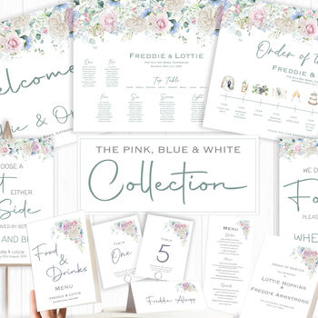 Wedding Table Menu Pink, Blue And White Florals, 4 of 4
