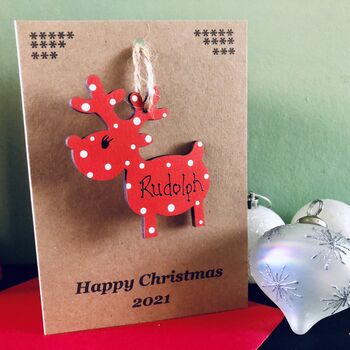Personalised Reindeer Red Christmas Decoration And Card, 4 of 4