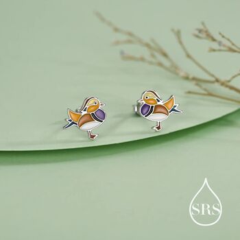 Mandarin Duck Enamel Stud Earrings In Sterling Silver, 2 of 10