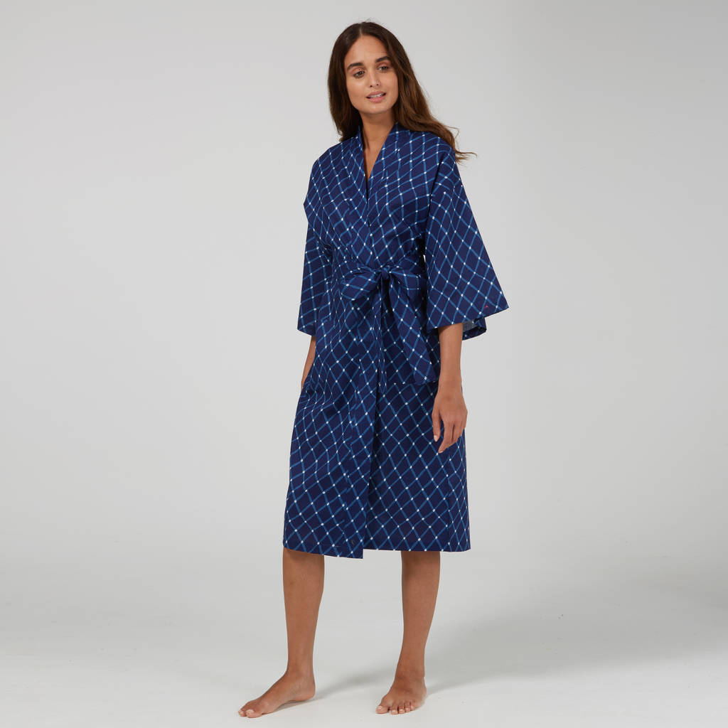 Cotton Wrap Kimono In Blue Criss Cross Print By Caro London