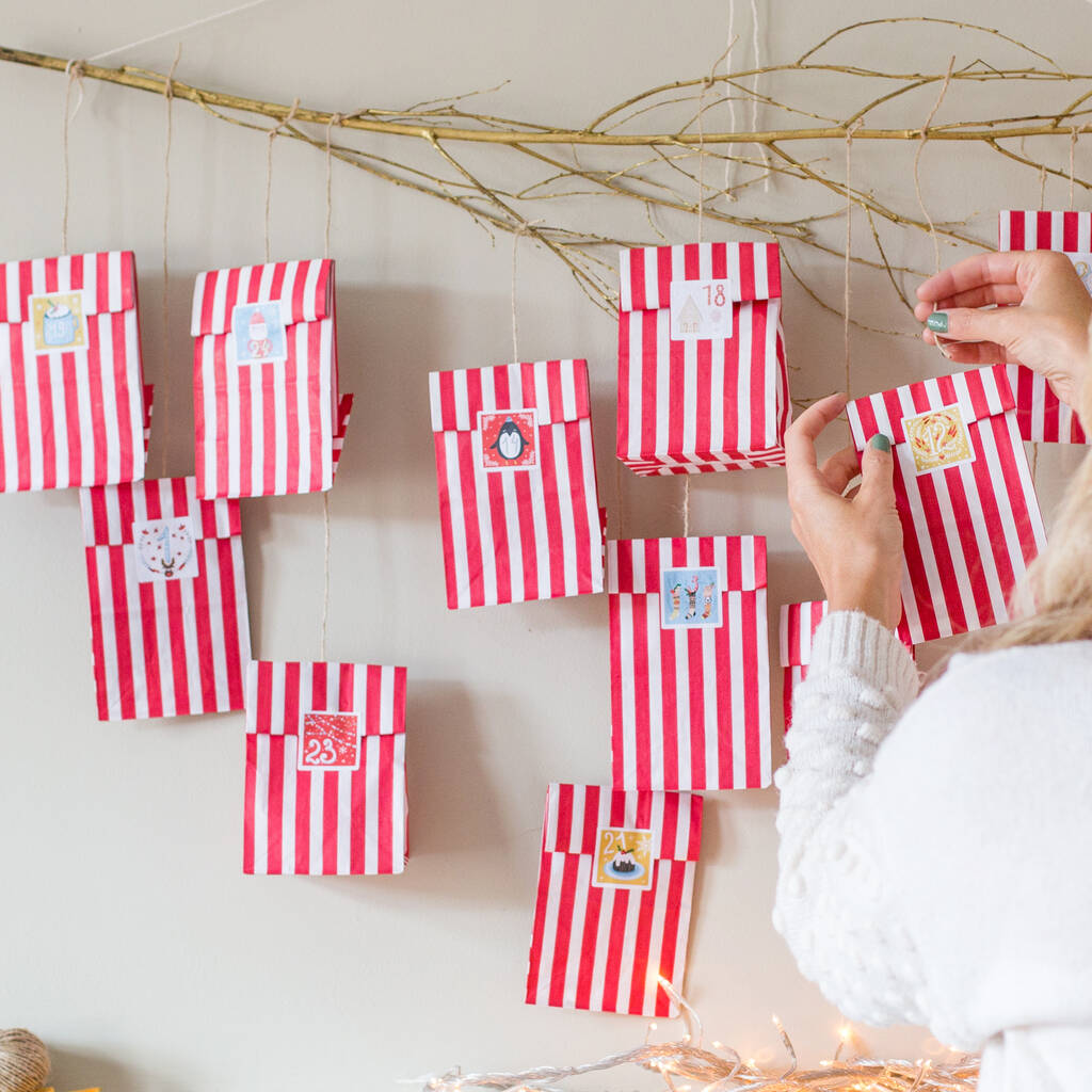 Advent Calendar Stickers With Red Stripe Bags By Little Cherub Design