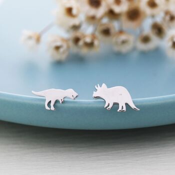 Mismatched T Rex Tyrannosaurus And Triceratops Dinosaur Stud Earrings In Sterling Silver, 5 of 11
