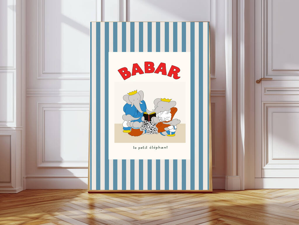 Babar Stripy Blue Family Nursery Art Print, 1 of 4