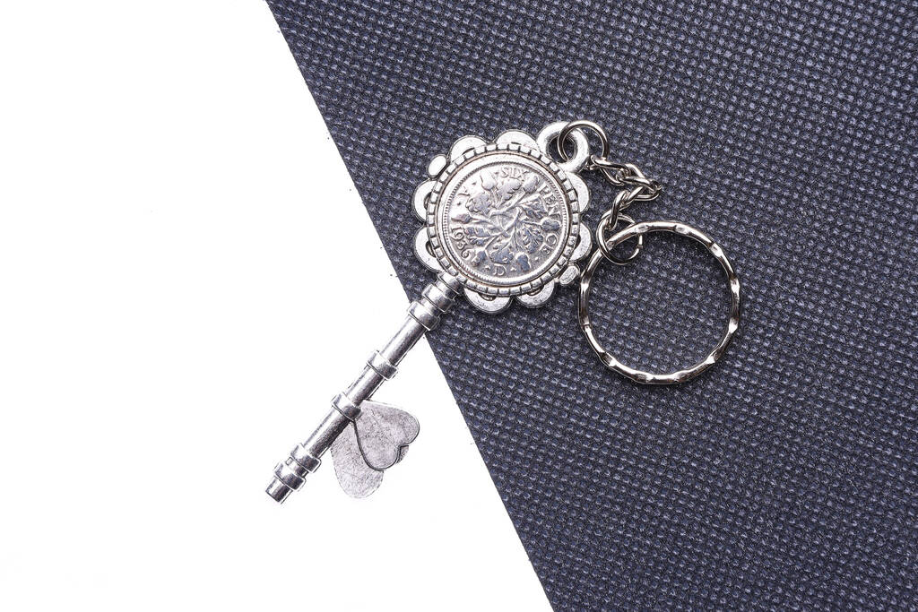 1936 90th Birthday Two Heart Lucky Sixpence Keyring, 1 of 2