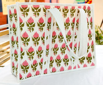 Large Quilted Market Tote Bag With Pink Floral Block Print Design, 3 of 10
