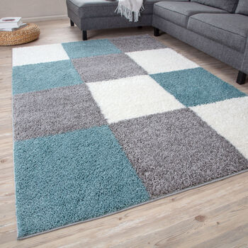 The Rugs Geometric Shaggy Rug Duck Egg Blue Checkered Rug, 6 of 12