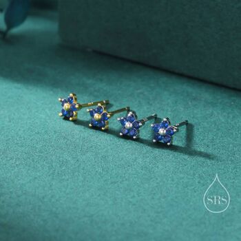 Sterling Silver Tiny Sapphire Blue Cz Flower Stud Earrings, 2 of 12