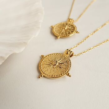 Gold Plated Coin Charm Necklace, Sun Charm Necklace, 3 of 4
