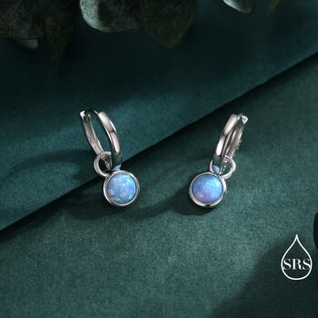 Sterling Silver Dangling Blue Opal Hoop Earrings, 2 of 12