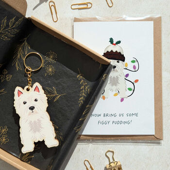 West Highland Terrier Dog Wooden Keyring With Optional Christmas Card, 2 of 11