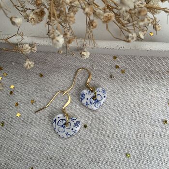 Blue Floral Ceramic Heart Earrings Dainty Handmade Earrings, 3 of 7